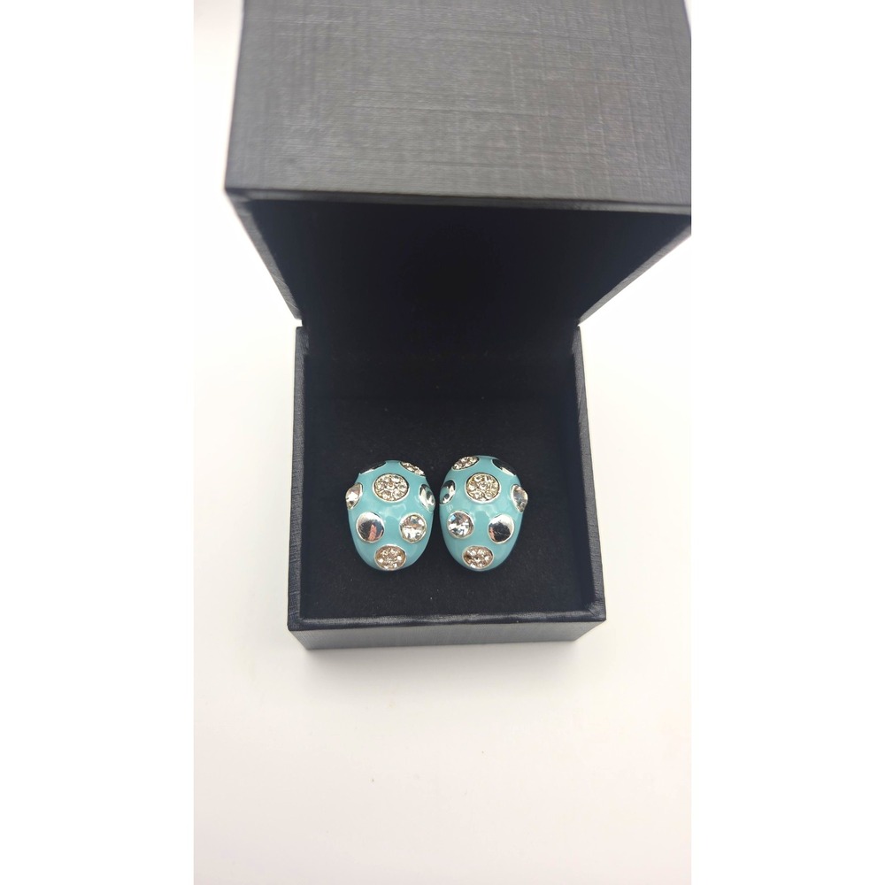 Vintage Blue Enamel Oval Earrings Clear Crystal Rhinestones with clip closure